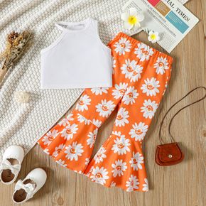 2pcs Toddler Girl Ribbed White Halter Camisole and Floral Print Falred Pants Set