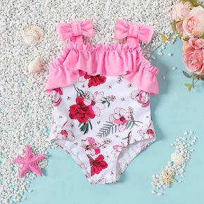 Baby Girl Ruffle Trim Spliced Floral Print One-Piece Swimsuit
