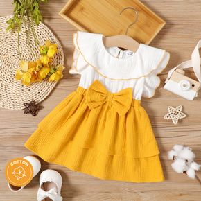 100% Cotton Crepe Baby Girl Flutter-sleeve Bow Front Spliced Layered Ruffle Trim Dress