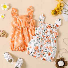 Baby Girl Button Design Allover Floral Print Overalls Shorts