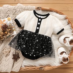 Baby Girl Button Front Textured Short-sleeve Spliced Starry Mesh Romper