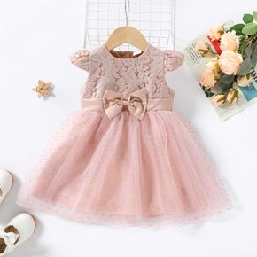 Mini Lady Toddler Girl Floral Lace and Jacquard Mesh Layered Cap-sleeve Pink Dress