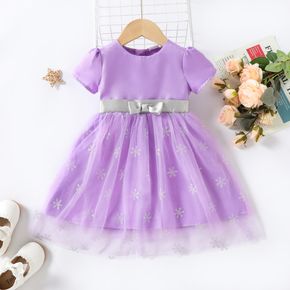 Dress Like Wind Toddler Girl Snowflake Mesh Layered Bow Decor Short-sleeve Purple Dress