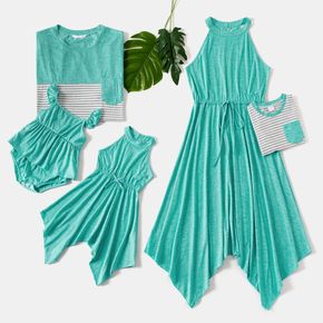 Family Matching Green Halter Neck Irregular Hem Dresses and Striped Splicing Short-sleeve T-shirts Sets