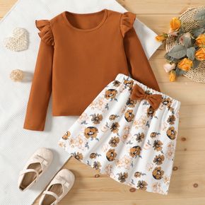 2pcs Kid Girl Ruffled Waffle Long-sleeve Brown Tee and Floral Print Bowknot Design Skirt Set