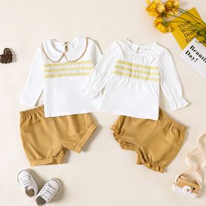 Equally Cute Baby Siblings Shirred Long-sleeve White Top and Beige Shorts Set