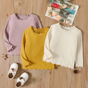 Toddler Girl Solid Color Lettuce Trim Ribbed Long-sleeve Tee
