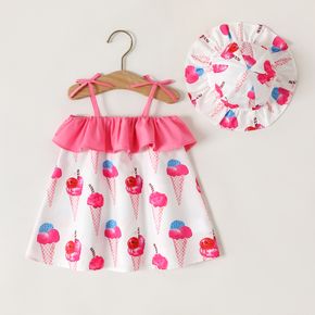2pcs Baby Girl Allover Ice Cream Cone Print Ruffle Trim Cami Dress with Hat Set