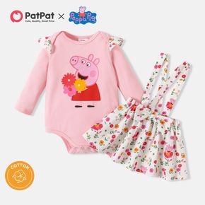 Peppa Pig 2pcs Baby Girl  Cotton Allover Print Suspender Skirt and Long-sleeve Graphic Romper Set