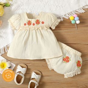 100% Cotton 2pcs Baby Girl Floral Embroidered Square Neck Lace Puff-sleeve and Shorts Set