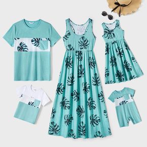 Family Matching 95% Cotton Short-sleeve Spliced T-shirts and Allover Palm Leaf Print Tank Dresses Sets