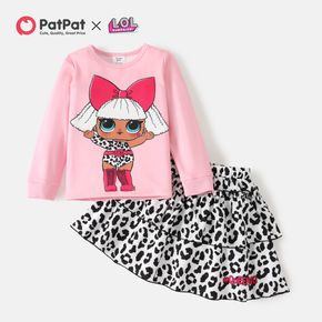 L.O.L. SURPRISE! 2pcs Kid Girl Cartoon Print Long-sleeve Tee and Leopard Print Layered Skirt Set