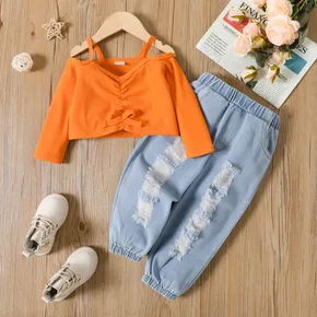 2pcs Toddler Girl Ruched Cold Shoulder Long-sleeve Tee and Ripped Denim Jeans Set