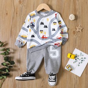 2pcs Toddler Boy Vehicle Print Pullover Sweatshirt and Number Print Grey Pants Set