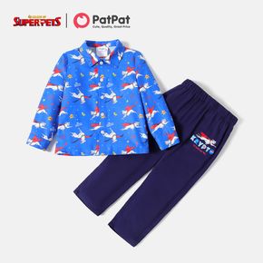 Super Pets 2pcs Toddler Boy Allover Print Lapel Collar Long-sleeve Shirt and Letter Print Pants Set