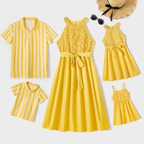 Family Matching Yellow Lace Halter Self-tie Dresses and Striped Short-sleeve Polo Shirts Sets