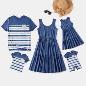 Family Matching Button Front Blue Tank Dresses and Striped Short-sleeve T-shirts Sets