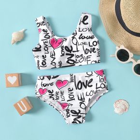 2pcs Baby Girl Allover Love Heart & Letter Print Swimsuit