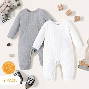 2-Pack Baby Boy Cotton Long-sleeve Solid Rib Knit Jumpsuits Set