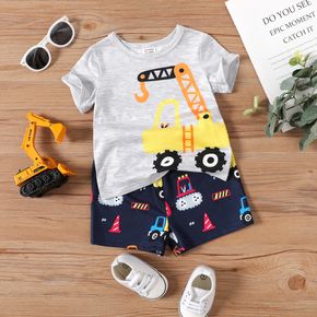 2pcs Baby Boy Excavator Print Round Neck  Short-sleeve T-shirt and Shorts Set