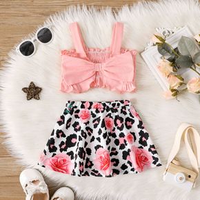 2pcs Baby Girl 95% Cotton Bow Front Shirred Camisole and Leopard & Floral Print Skirt Set