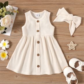 2pcs Baby Girl Button Front Solid Rib Knit Tank Dress with Headband Set