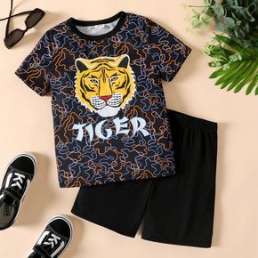 2pcs Kid Boy Letter Tiger Print Short-sleeve Tee and Elasticized Black Shorts Set