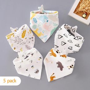 5-pack 100% Cotton Snap Button Baby Bibs Cartoon Pattern Toddler Triangle Scarf Bibs for Feeding & Drooling & Teething