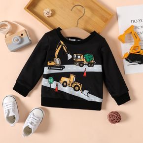 Baby Boy Construction Vehicle Print Black Long-sleeve Pullover Sweatshirt