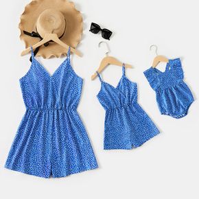 Allover Dots Print Blue Romper Shorts for Mom and Me