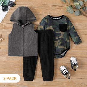 3-Pack Baby Boy Long-sleeve Camouflage Romper and Hooded Vest with Pants Set