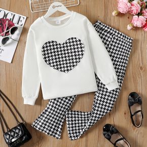 2pcs Kid Girl Heart Embroidered White Sweatshirt and Houndstooth Flared Pants Set