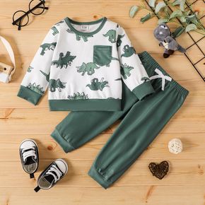 2pcs Baby Boy Allover Dinosaur Print Long-sleeve Pullover and Solid Pants Set
