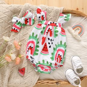 2pcs Baby Girl Allover Watermelon Print Flutter-sleeve Romper with Headband Set