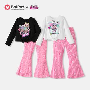 L.O.L. SURPRISE! 2pcs Kid Girl Cartoon Print Tie Knot Long-sleeve White Tee and Stripe Heart Leopard Print Pink Flared Pants Set