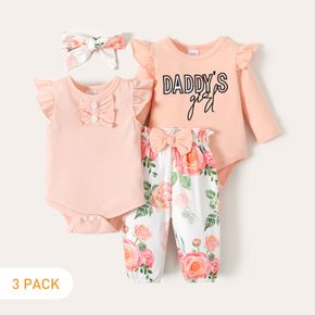 3-Pack Baby Girl 95% Cotton Letter Embroidered Ruffle Trim Rompers Set