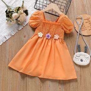 Toddler Girl 3d Floral Embroidered Smocked Square Neck Short-sleeve Orange Dress