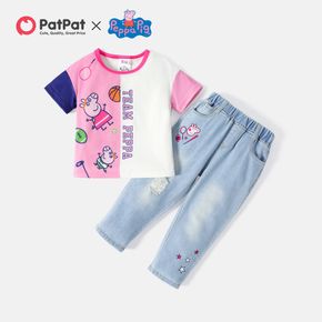 Peppa Pig 2pcs Toddler Girl Colorblock Letter Print Short-sleeve Tee and Denim Jeans Set