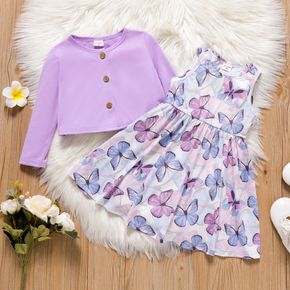 2pcs Toddler Girl Butterfly Print Sleeveless Dress and Button Design Purple Cardigan Set