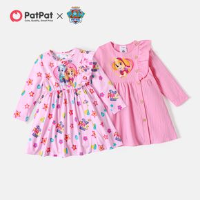 PAW Patrol Toddler Girl Puppy Print Ruffled Button Design Long-sleeve Pink Dress