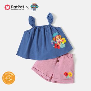 PAW Patrol 2pcs Toddler Girl 100% Cotton Floral Print Blue Camisole and Button Design Crepe Pink Shorts Set