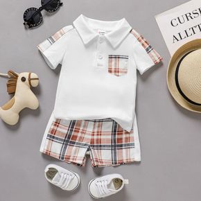 2pcs Baby Boy Plaid Spliced Short-sleeve Polo Shirt and Shorts Set