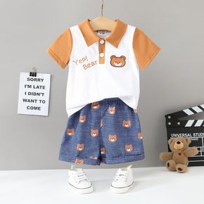 2pcs Baby Boy 100% Cotton Contrast Collar Short-sleeve Cartoon Bear & Letter Print Top and Shorts Set