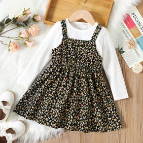 2-piece Toddler Girl Textured Solid Long-sleeve Tee and Floral Allover Corduroy Sleeveless Dress Set
