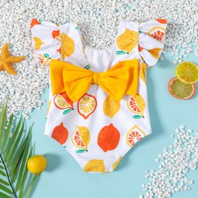 Baby Girl Bowknot Decor Allover Fruit Print Flutter-sleeve One-Piece Swimsuit