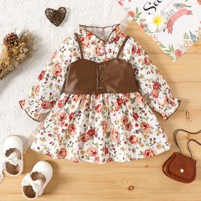 2pcs Baby Girl Button Front Floral Print Long-sleeve Dress with Faux Leather Camisole Set