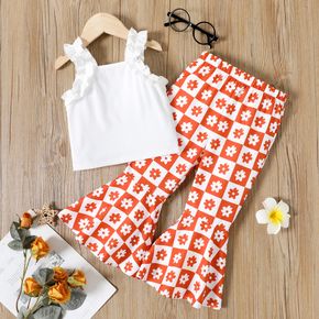 2pcs Toddler Girl Ruffled Ribbed White Camisole and Floral Print Flared Pants Set
