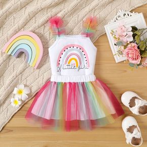 Pelele de tirantes con estampado de letras y arcoíris y falda de malla de colores para bebé niña 95 % algodón
