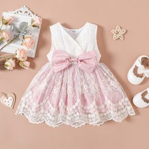 Baby Girl Bow Front Lace Mesh Sleeveless Party Dress
