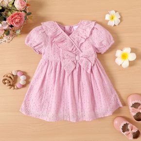 Baby Girl Pink Eyelet Embroidered Surplice Neck Bow Front Puff-sleeve Party Dress